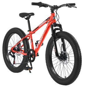 S24109 Elecony 24 Inch Fat Tire Bike Youth Full Shimano 7 Speeds Mountain Bike, Dual Disc Brake, High-Carbon Steel Frame, Front Suspension, Mount (Option: Orange)