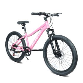 24 Inch Youth Mountain Bike With 7 Speeds & Front Suspension Durable Steel Frame, Alloy Rims & Disc Brakes For Boys And Girls In Multiple Colors (Option: Pink)