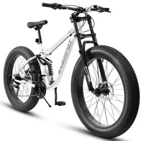 A26309 26 Inch Mountain Bike,Full-Suspension 21 Speeds Drivetrain With Disc-Brake Bicycle, Fat Tire Bike For Men (Option: White)
