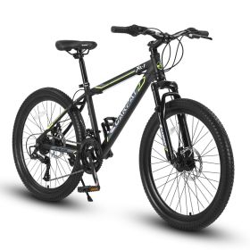 S24102 24 Inch Mountain Bike Boys Girls, Steel Frame, Shimano 21 Speed Mountain Bicycle With Daul Disc Brakes And Front Suspension MTB (Option: BLACKGREEN)