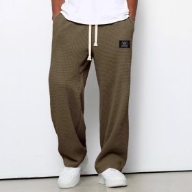 Waffle Straight Pants Fashion Brand Loose Loose  Drawstring Pockets Trousers Casual Men's Clothing (Option: Dark brown-S)